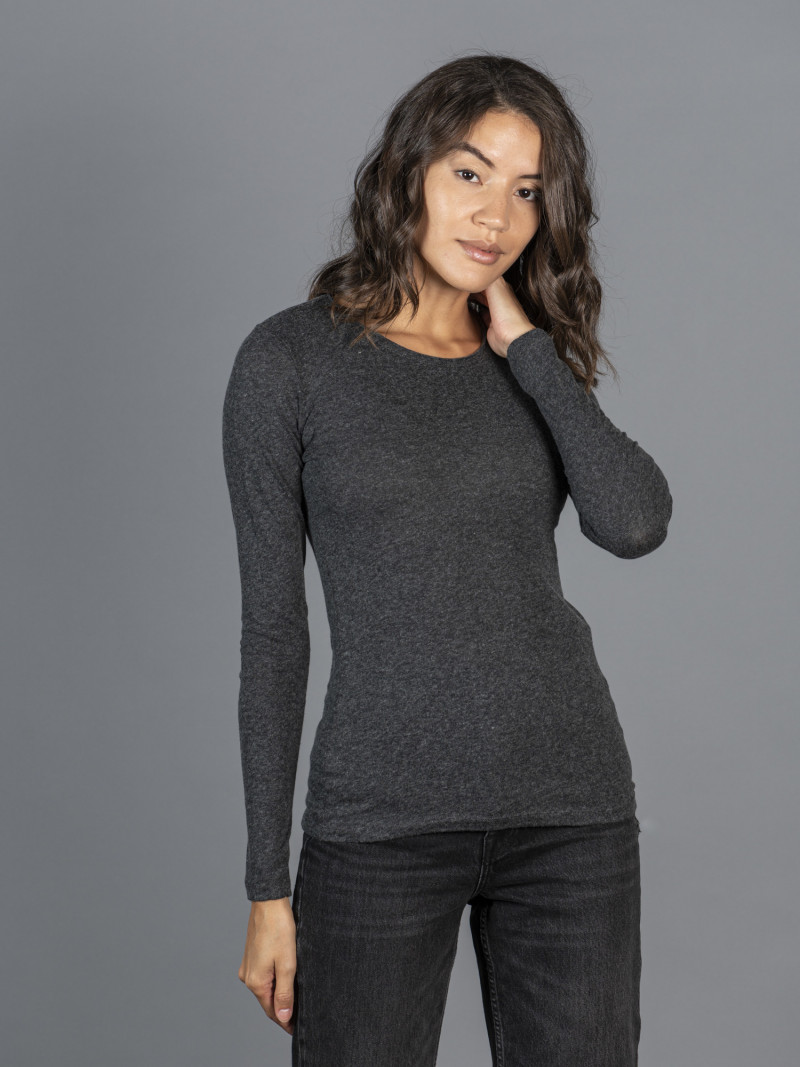 T-shirt grigio scuro donna girocollo con bordino arricciato in cotone e cashmere