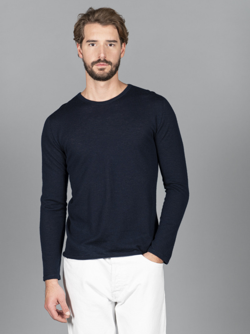 T-shirt blu scuro girocollo uomo con manica lunga in cashmere