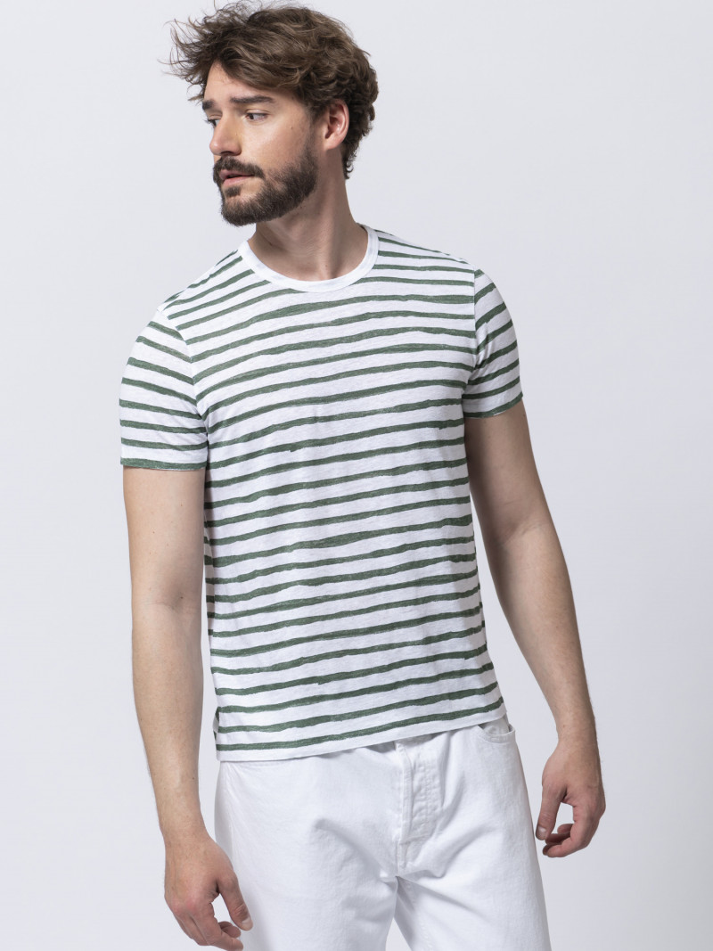 T-shirt a righe bianca e verdone uomo girocollo con manica corta
