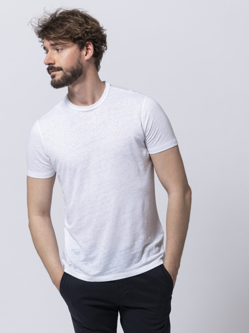 T-shirt slim bianca basica uomo girocollo con manica corta in lino