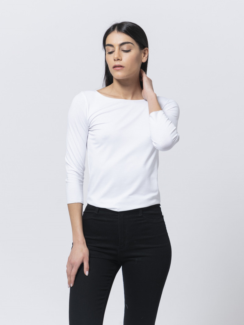 T-shirt donna con scollo a barchetta bianca e manica lunga in viscosa ed elastan