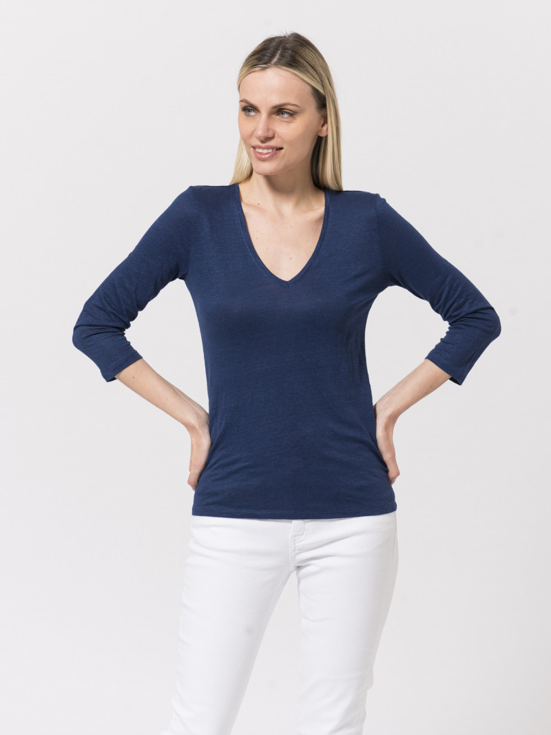 T-shirt basica blu donna con scollo a V e manica a tre quarti in lino ed elastan