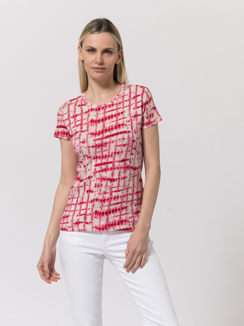 t-shirt in fantasia rosa girocollo donna  in 100% cotone e vestibilità regular