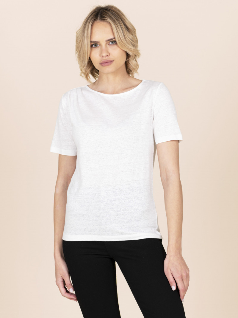 T-shirt slim bianca donna con manica corta arricciata in lino
